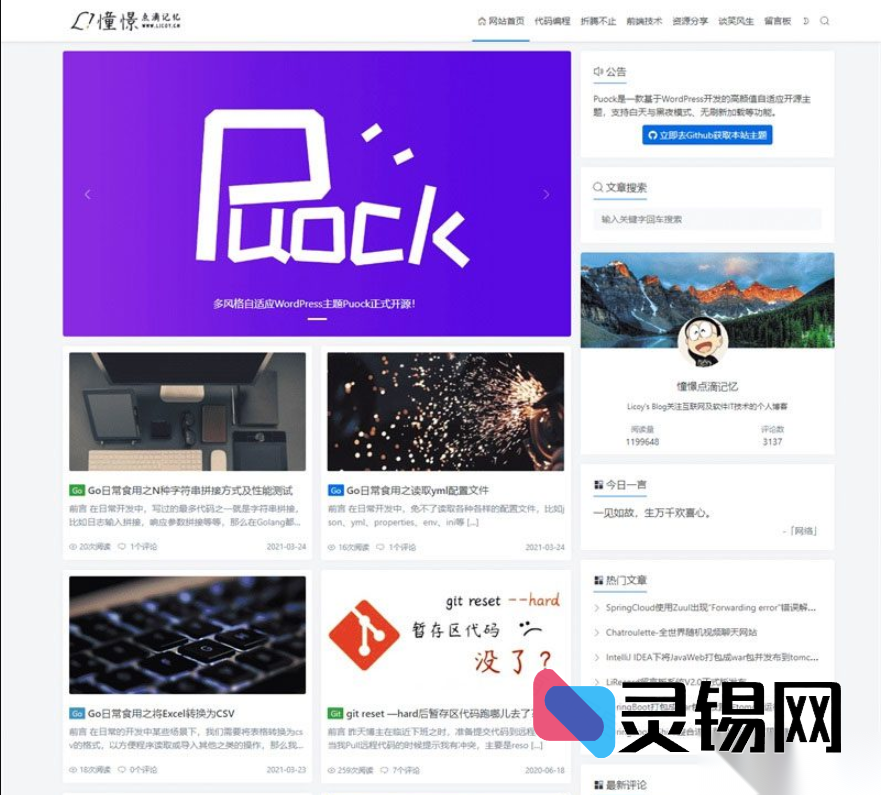 一眼沦陷的响应式美学，Puock 打造轻量级高颜值 WP 博客-灵锡网