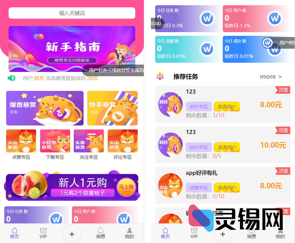 多用户挂机任务系统全新界面：抖音快手点赞悬赏+自动收益+三层分润-灵锡网